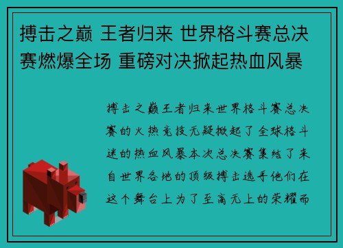 搏击之巅 王者归来 世界格斗赛总决赛燃爆全场 重磅对决掀起热血风暴