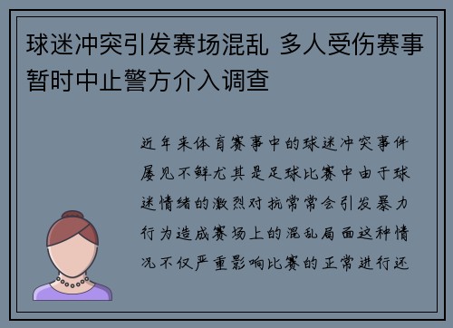 球迷冲突引发赛场混乱 多人受伤赛事暂时中止警方介入调查